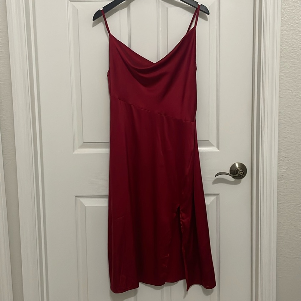 Women’s burgundy cowl neck dress with slit